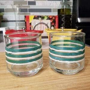 Libbey Retro‎ Green And White Small Striped Juice Glasses Set of 2 3"Tall 6-7oz